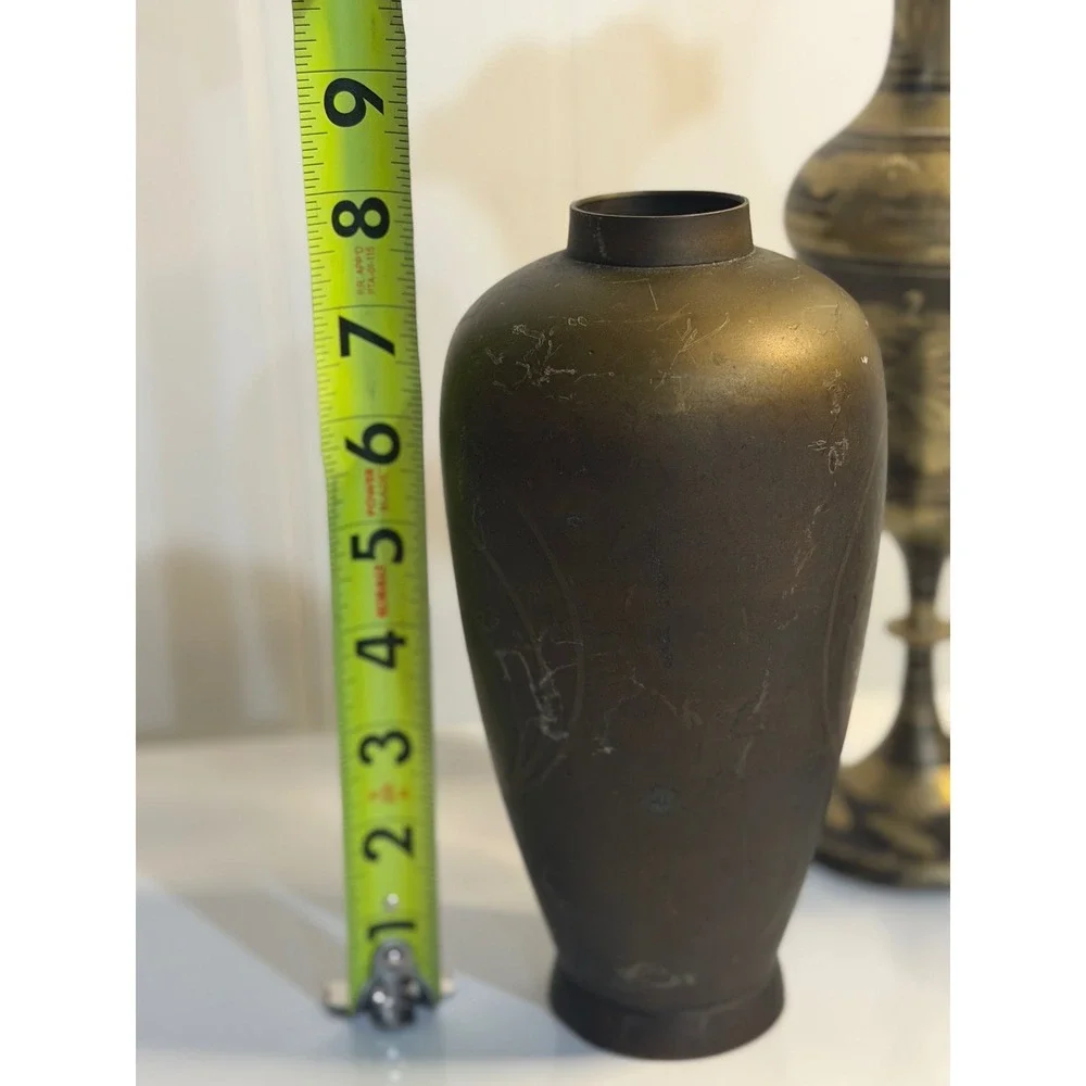 VTG Etched Brass Vase Trio Gold Black Floral‎ Ruffled Bud Decorative India Set